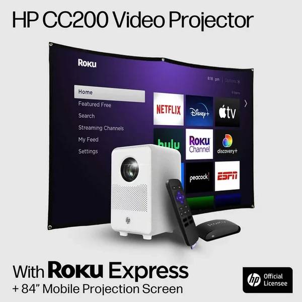 HP LED Projector with Roku Express Streaming Player and 84" Mobile Projection Screen