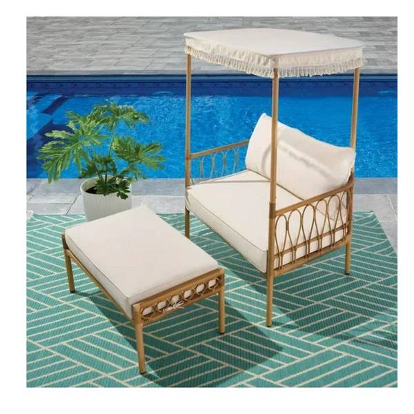 2 Piece All-Weather Wicker Outdoor Canopy Chair and Ottoman Set
